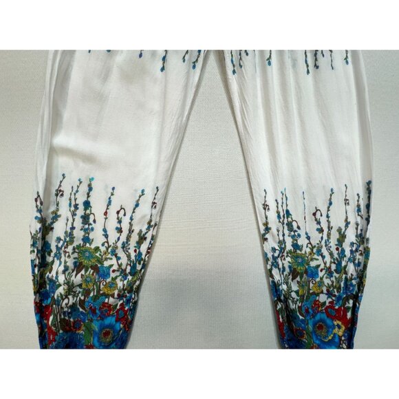 Elepants Women's Boho Harem Hippie Pants Cold Wash White Blue Floral Stretch - Picture 8 of 16